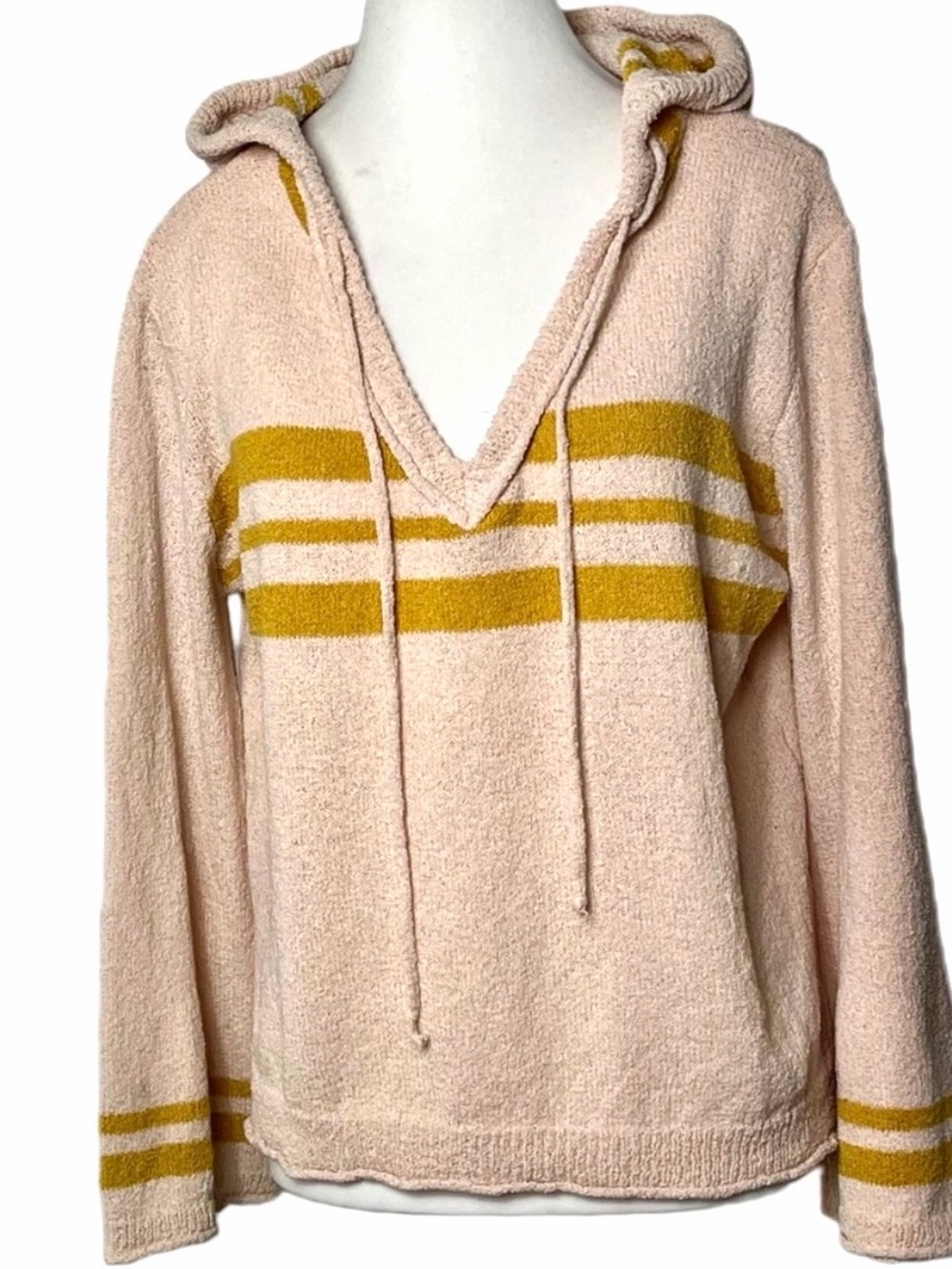 POL Clothing Striped Hooded Pullover Sweater Boho Pink Gold HST66 Medium M